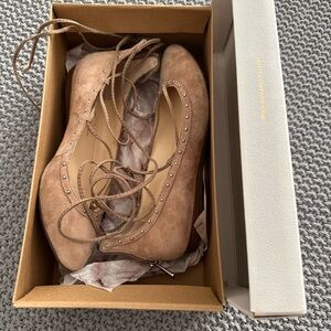 Jessica Simpson Taupe Lace-Up Suede Studded Flats